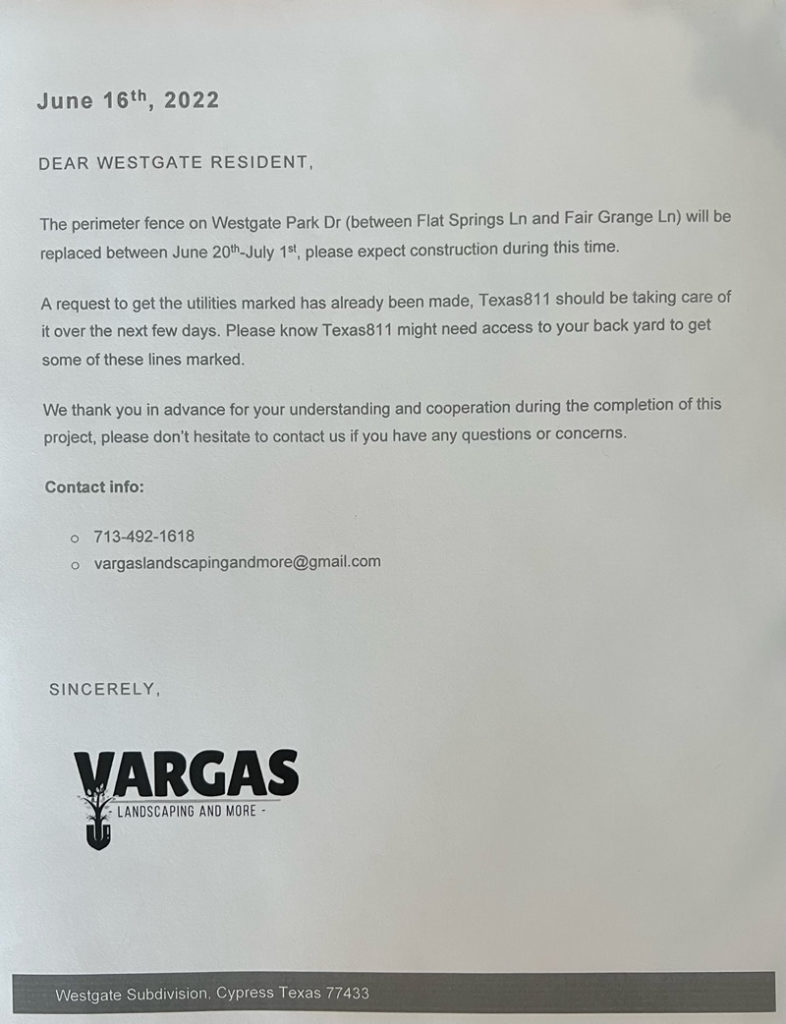 letter from Vargas Landscaping